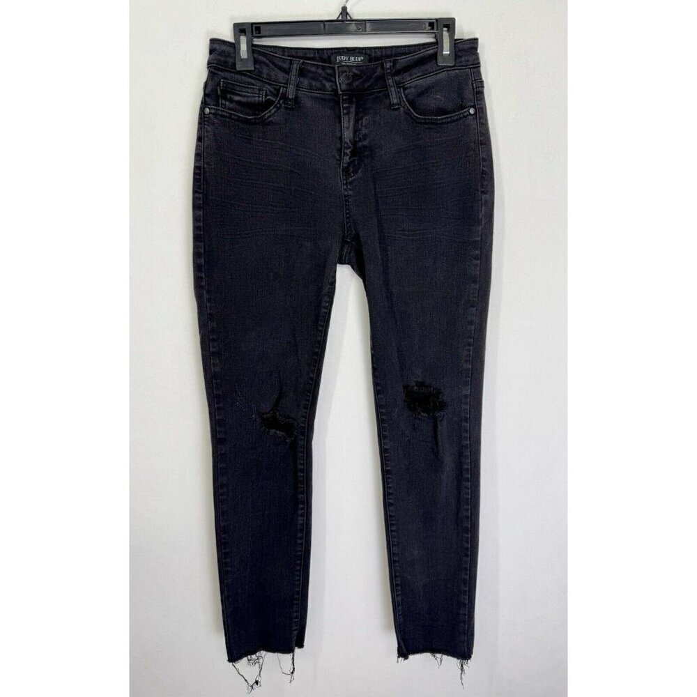 Judy Blue Slim Fit Jeans Womens 5/27 Black Distressed Raw Hem Stretch JB88137